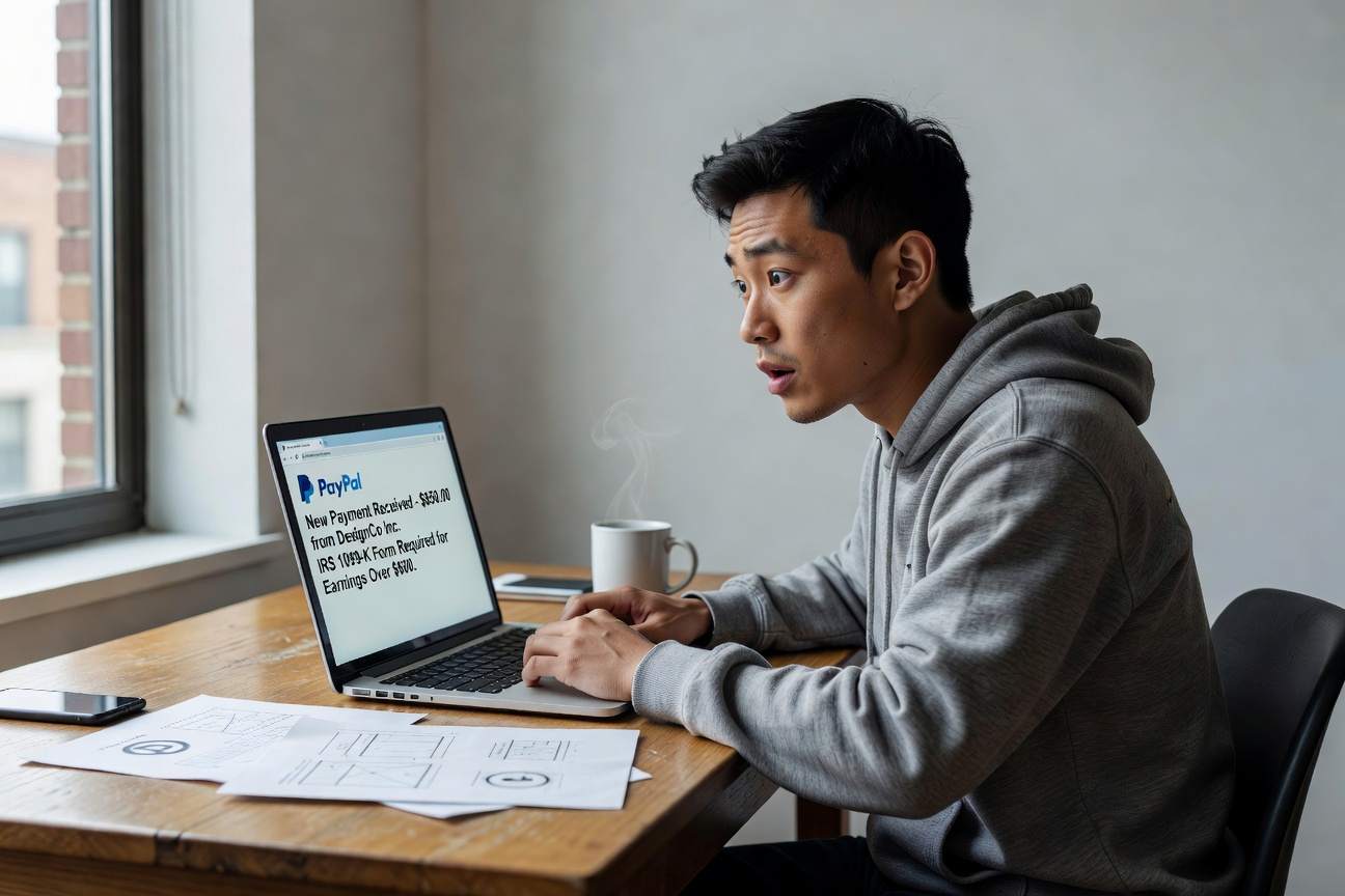 Young Asian man in his mid-20s staring shocked at a laptop screen displaying a tax form notification, sitting at a cluttered desk in a small apartment with coffee mug and freelance sketches nearby, realistic photography style