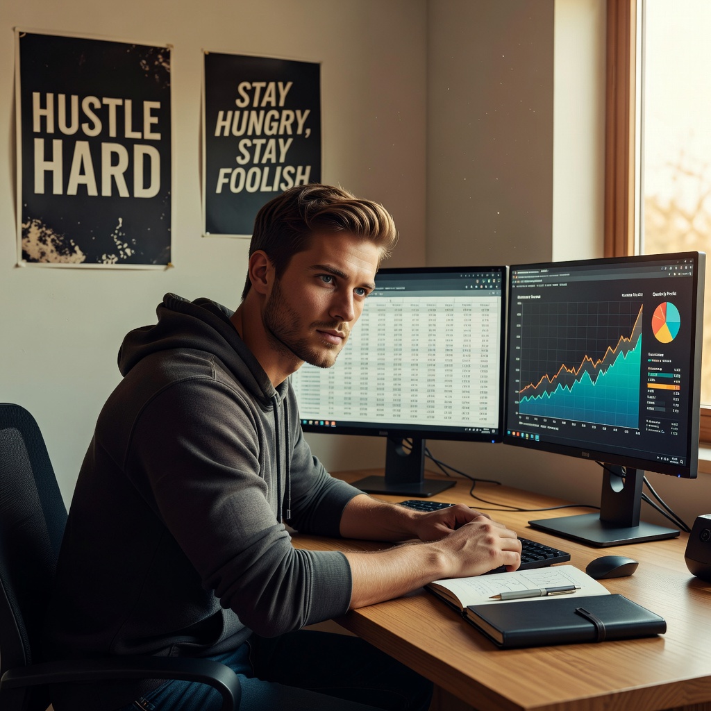 Young White man in early 20s confidently reviewing financial spreadsheets on a dual-monitor setup in a home office, graphs showing rising income from side hustles, motivational posters on wall, photorealistic