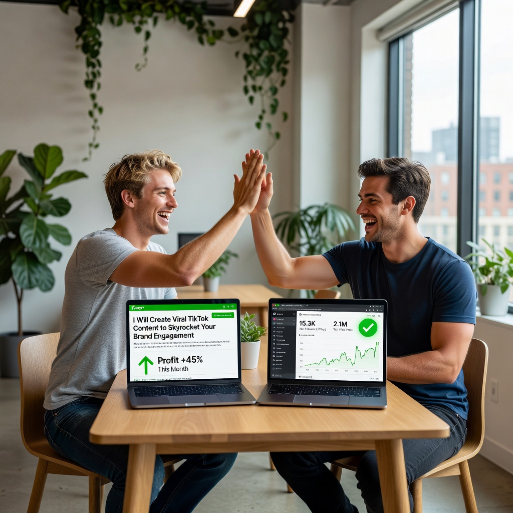 Two young White men in 20s high-fiving over laptops in a modern co-working space, screens showing gig platforms like Fiverr and TikTok with green profit arrows, energetic and triumphant atmosphere, realistic image