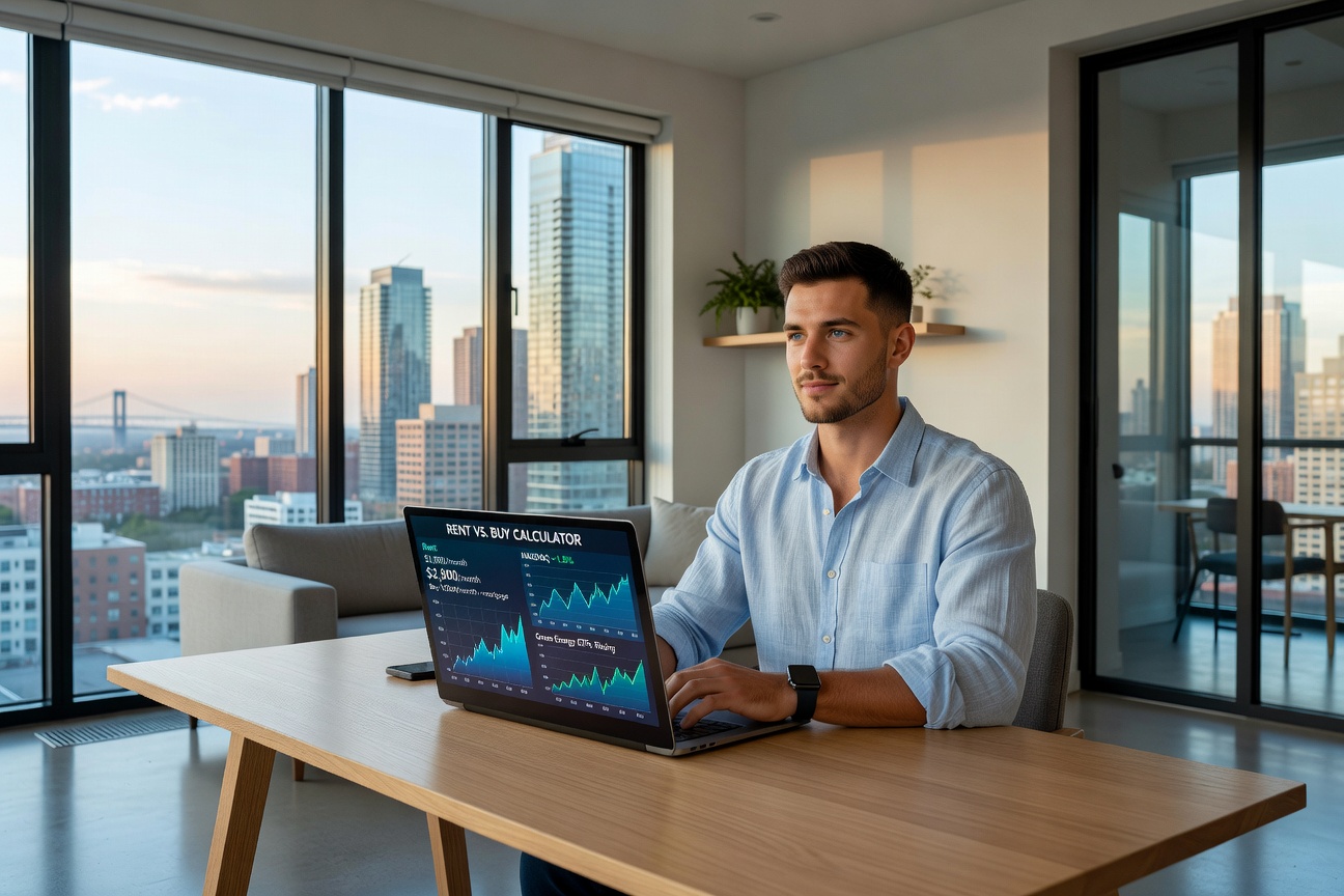 Young White man calculating rent vs buy costs on laptop in sleek apartment