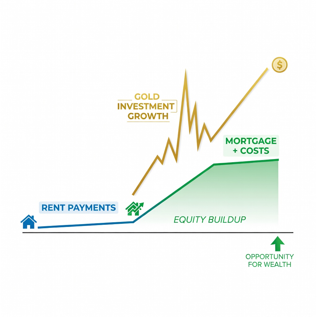 Infographic comparing rent vs mortgage payments with investment growth curves