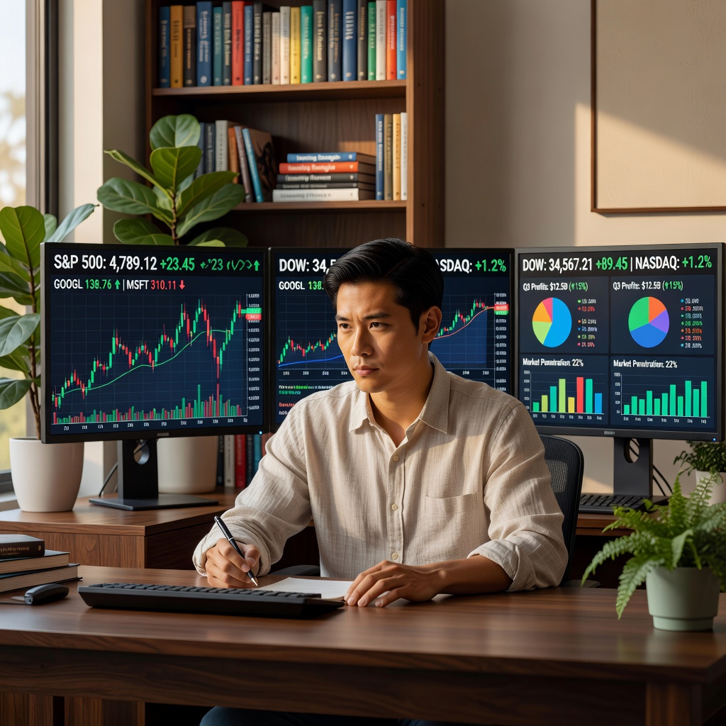 Young Asian man in home office reviewing stock portfolio on screens