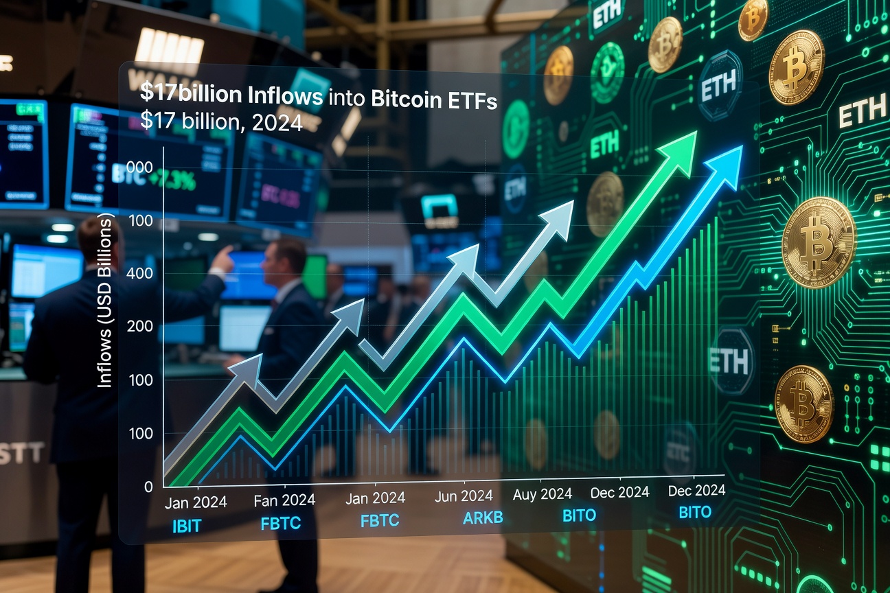 Chart showing record $17 billion net inflows into spot Bitcoin ETFs in 2024