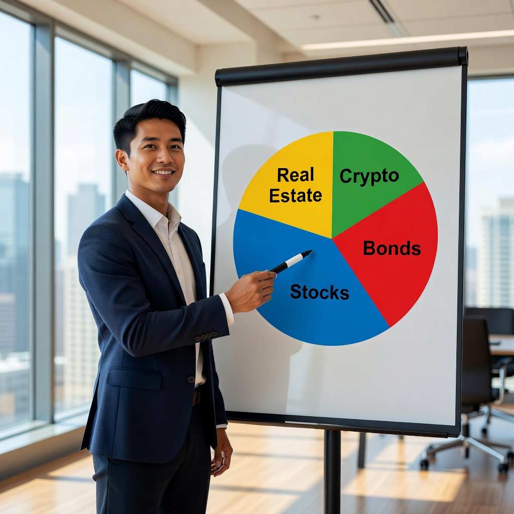 Young Asian man drawing a colorful diversification pie chart on a whiteboard, illustrating balanced investment slices