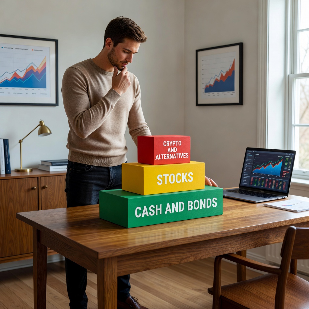Graphic pyramid representing investment risk levels from cash at base to speculative crypto at top, balanced portfolio in middle