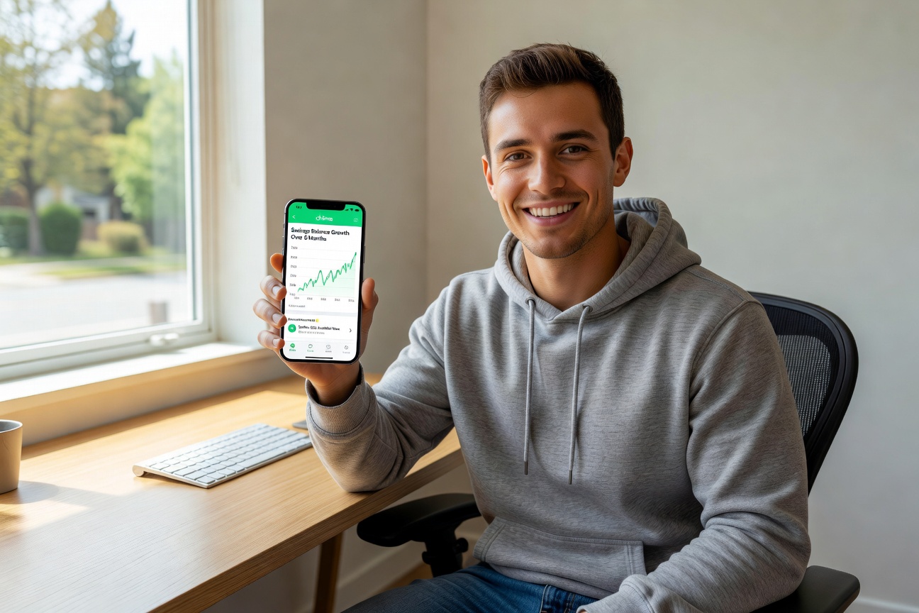Young Asian entrepreneur checking Chime app on phone, celebrating savings growth