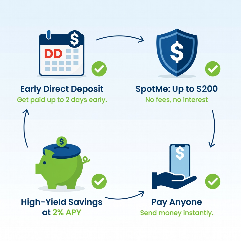 Infographic of Chime features like SpotMe and early direct deposit icons