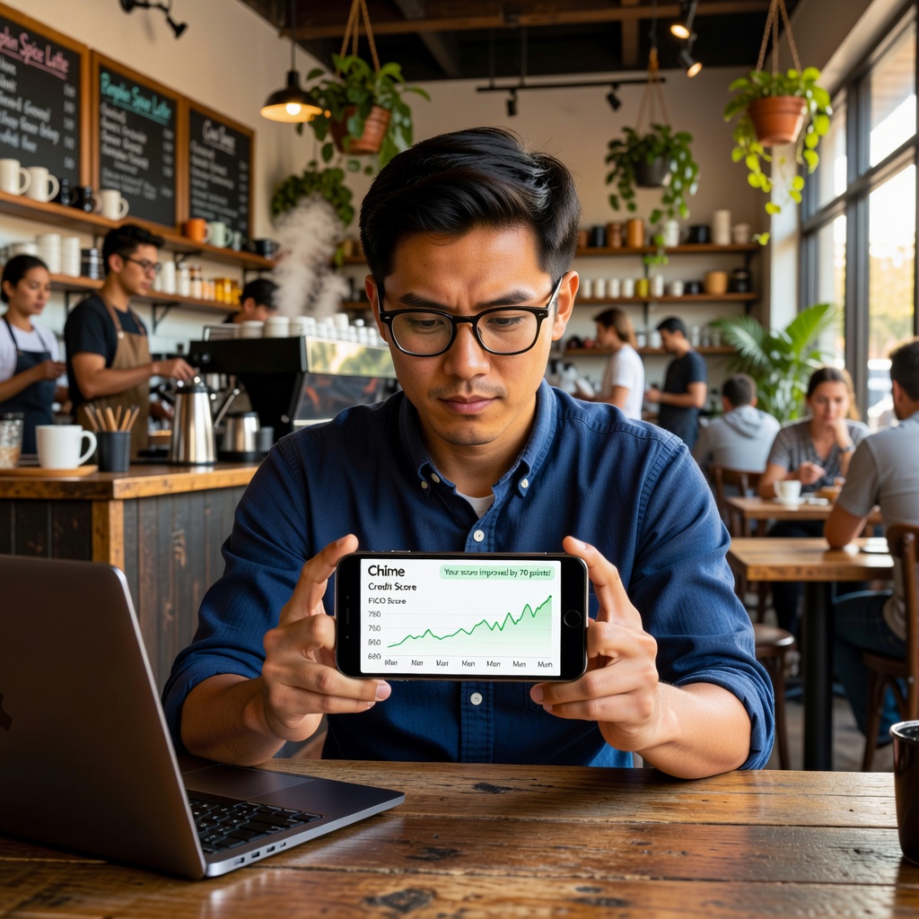 Young White freelancer using Chime laptop at coffee shop, graph showing FICO score rise