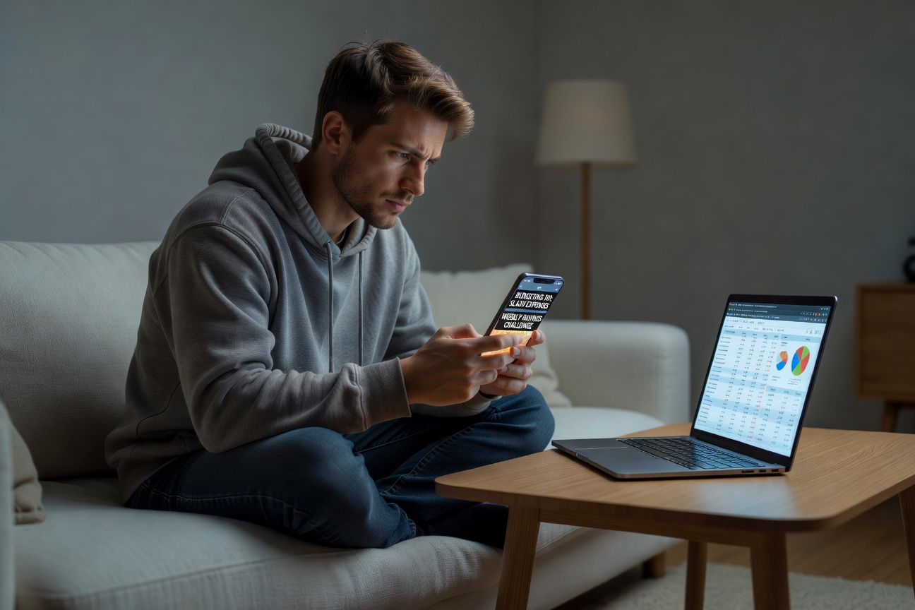 Young White man in dim-lit room scrolling TikTok loud budgeting videos with visible budget app on screen
