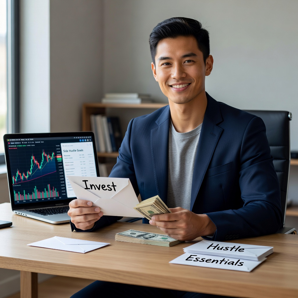 Young Asian man at wooden desk stuffing cash into labeled envelopes, laptop showing stock charts and side hustle dashboard, focused expression