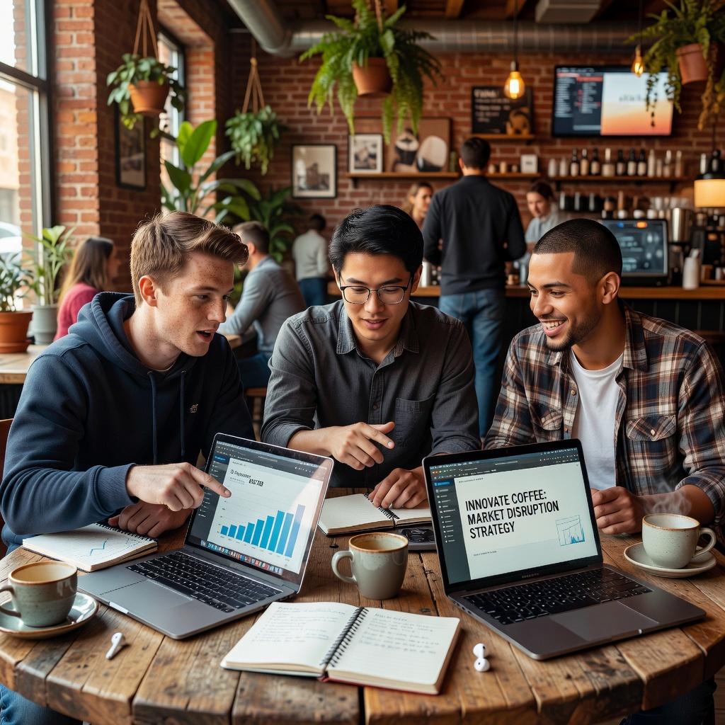 Group of young White and Asian men in coffee shop, huddled over laptops and notebooks planning budgets and business ideas, energetic discussion