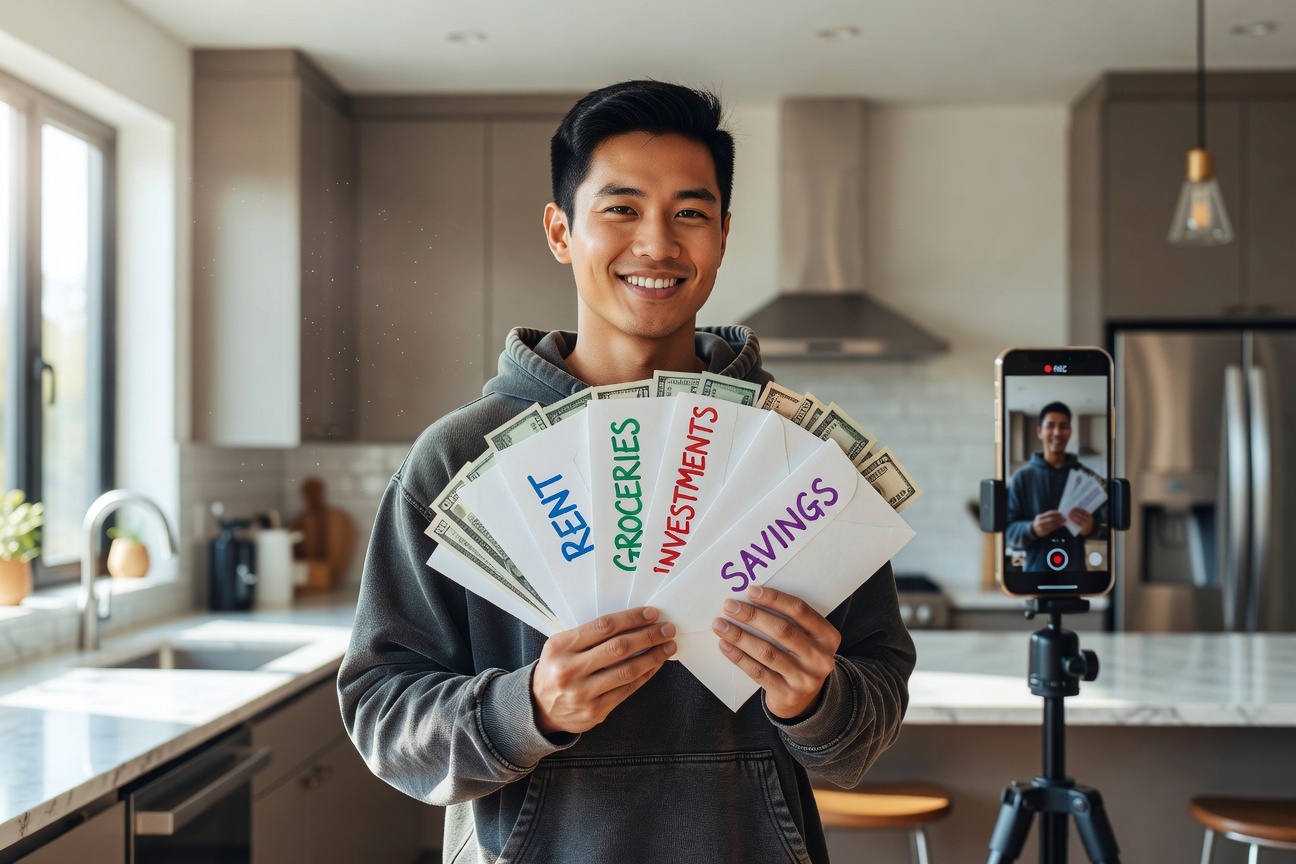 Young Asian man hyping his budget on TikTok live