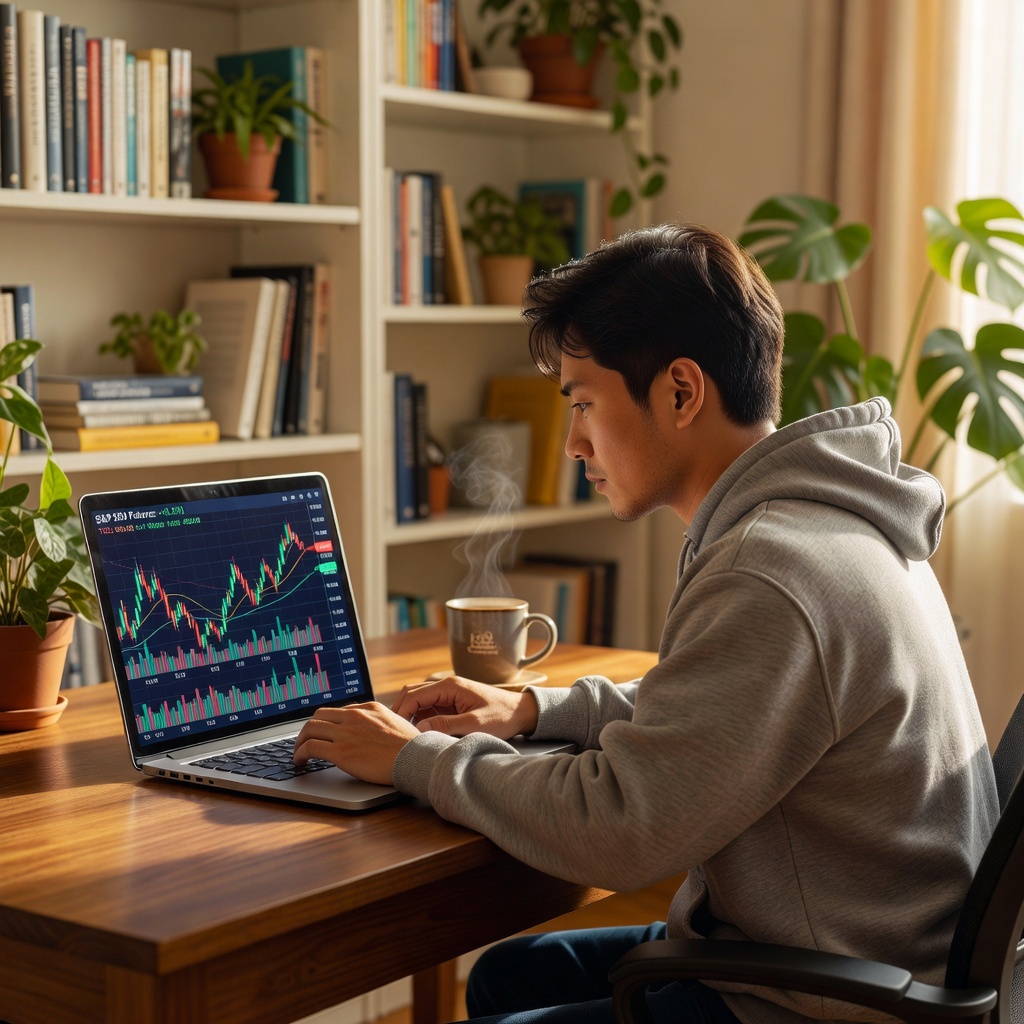 Group of young White and Asian men high-fiving over laptops showing profit graphs, casual office setting, energetic vibe, realistic