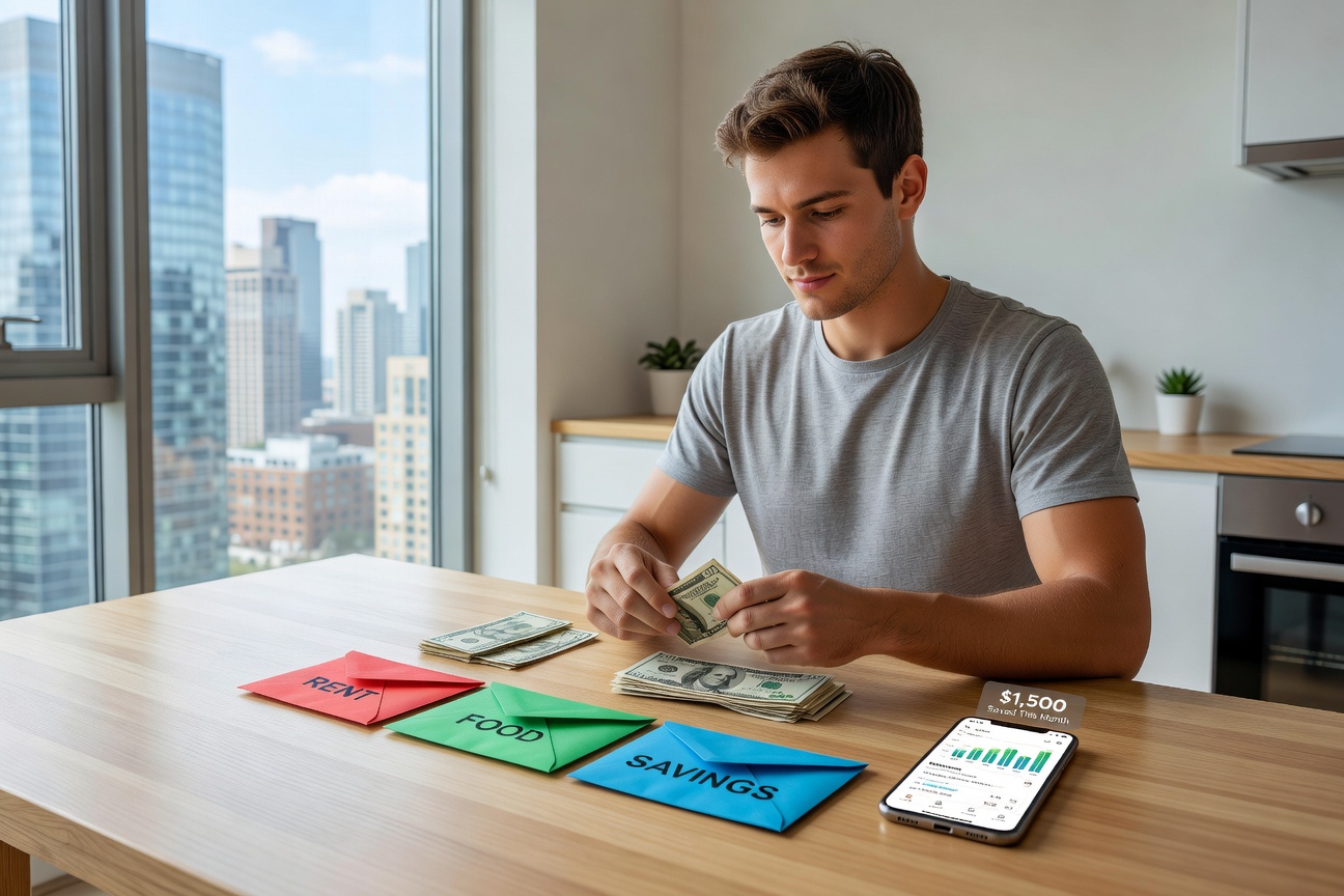 Young white man in casual clothes confidently sorting cash into labeled envelopes on a wooden kitchen table, smartphone showing budgeting app nearby, modern apartment background with city view