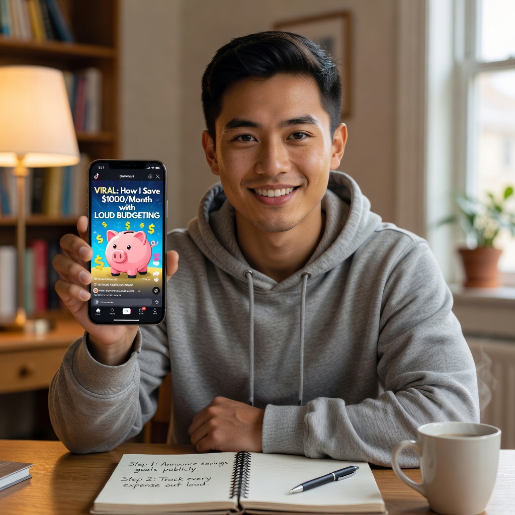 Asian young adult male in his early 20s holding a smartphone displaying a loud budgeting TikTok video, smiling determinedly in a cozy home office with notebook and coffee mug