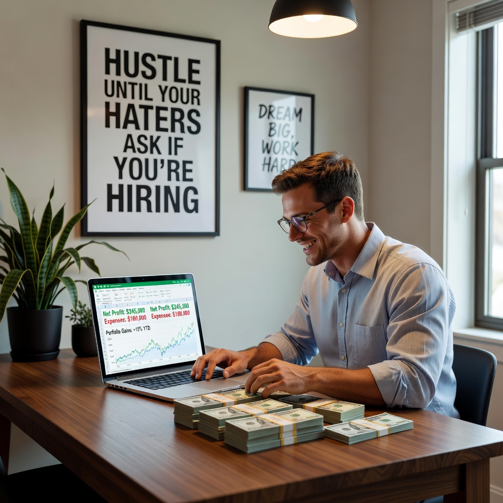 Confident white entrepreneur in mid-20s at laptop analyzing budget charts, stack of cash and investment graphs on screen, home setup with motivational posters