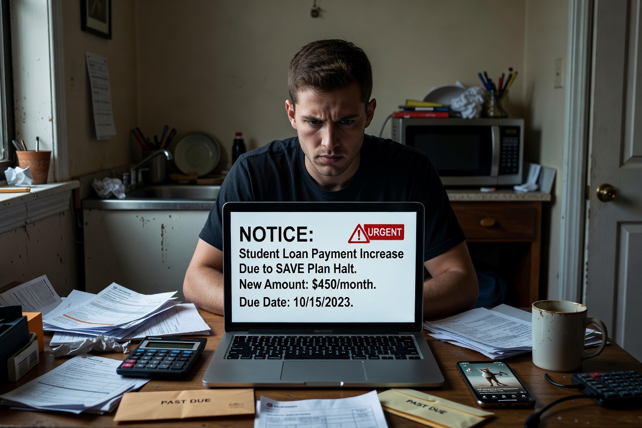 Stressed young White man in 20s staring at laptop with student loan delinquency notice, cluttered desk with coffee mugs and gig economy apps open