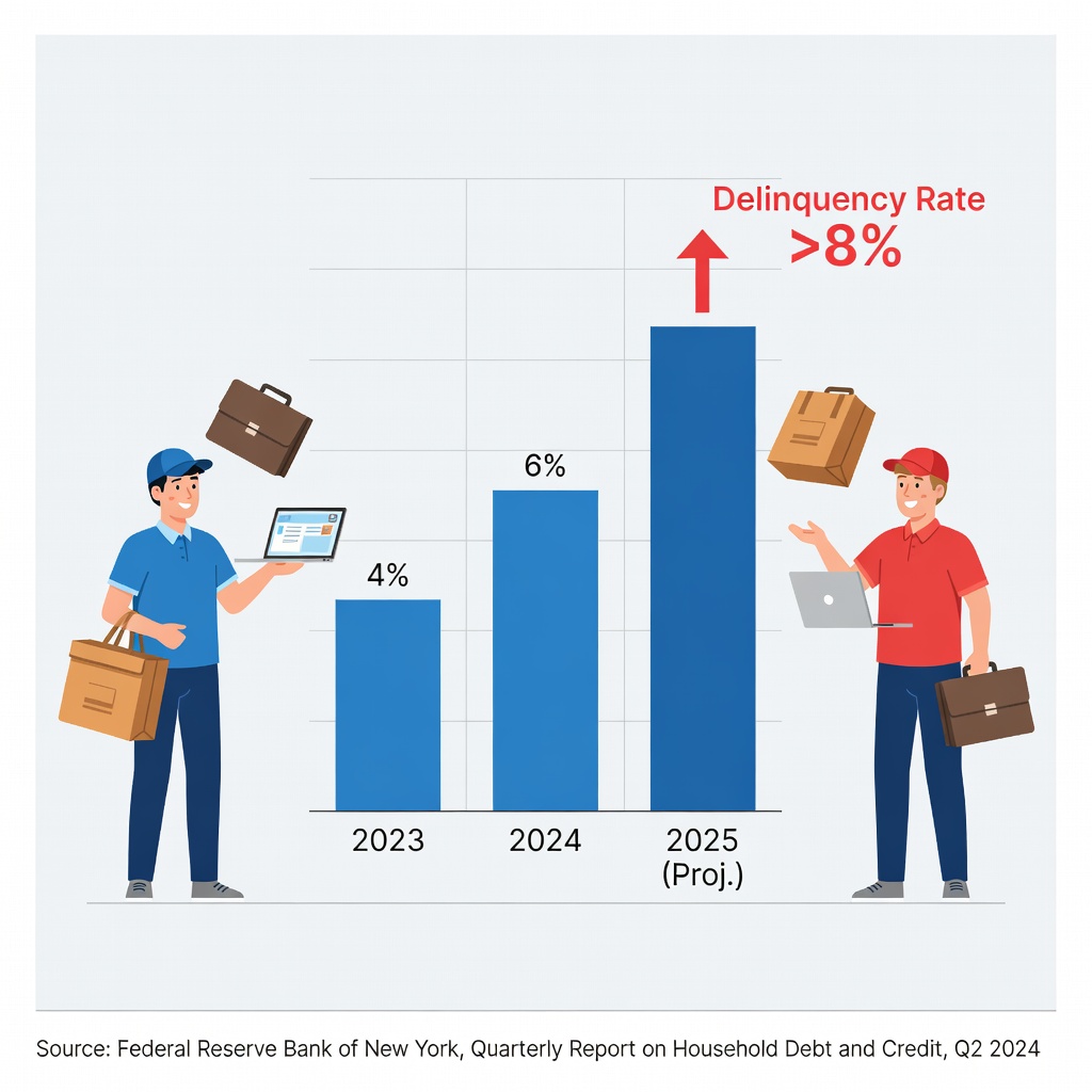 Infographic chart showing spike in student loan delinquencies for ages 18-29, bars rising from 2023 to 2024, icons of young Asian professionals juggling jobs