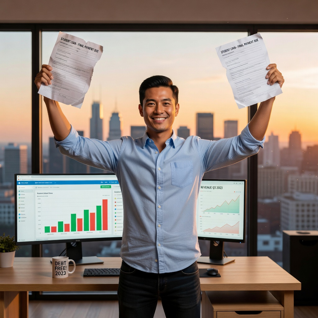 Young Asian entrepreneur in home office, celebrating first side hustle sale on laptop while shredding old loan statements, confident expression