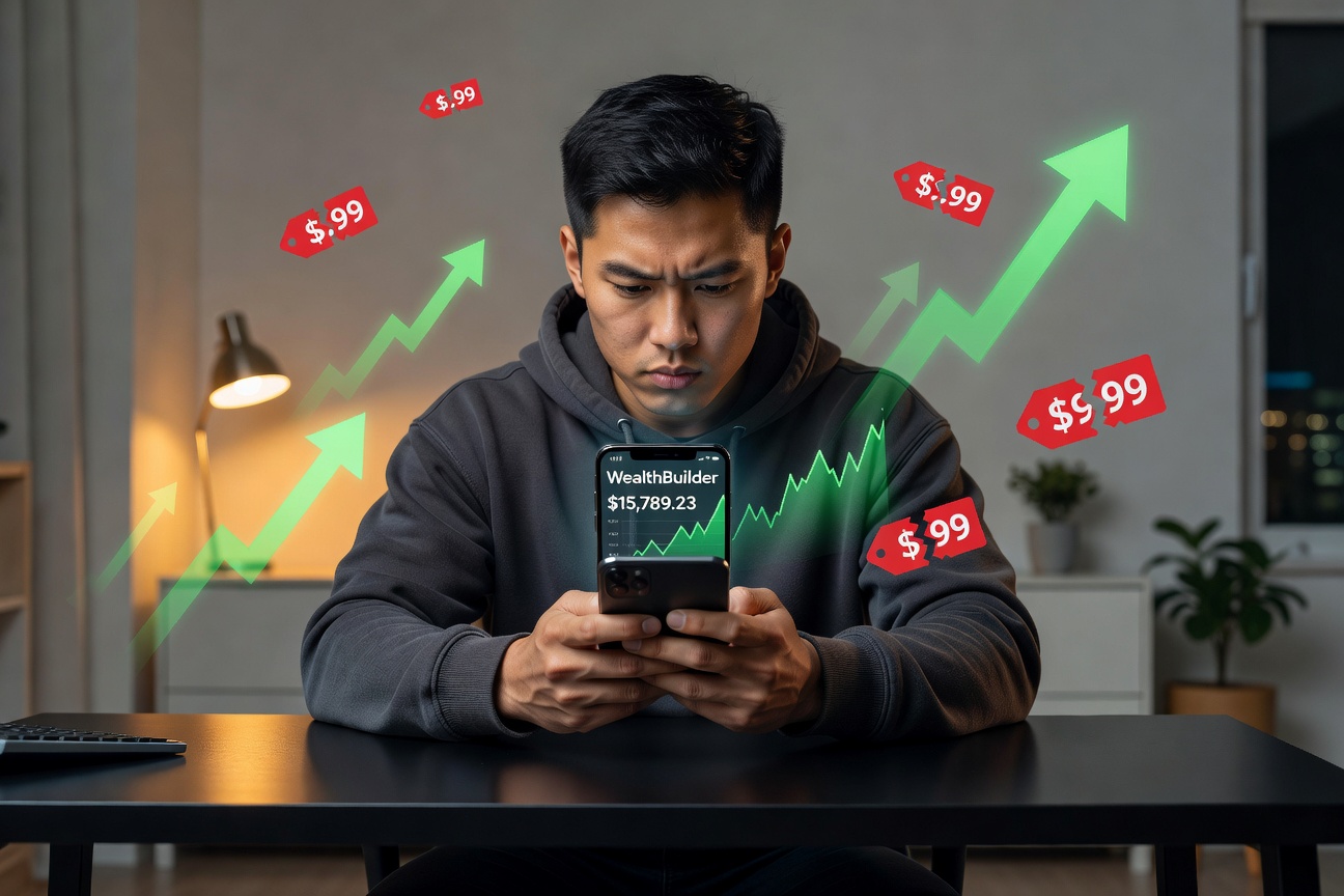 Young Asian man triumphantly checking growing savings balance on phone amid rising price tags