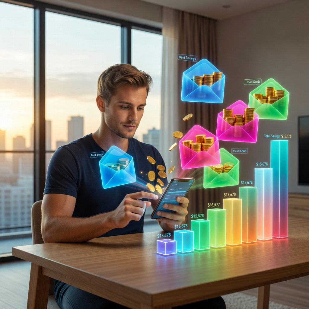 White Gen Z guy stuffing digital envelopes on app, coins stacking up