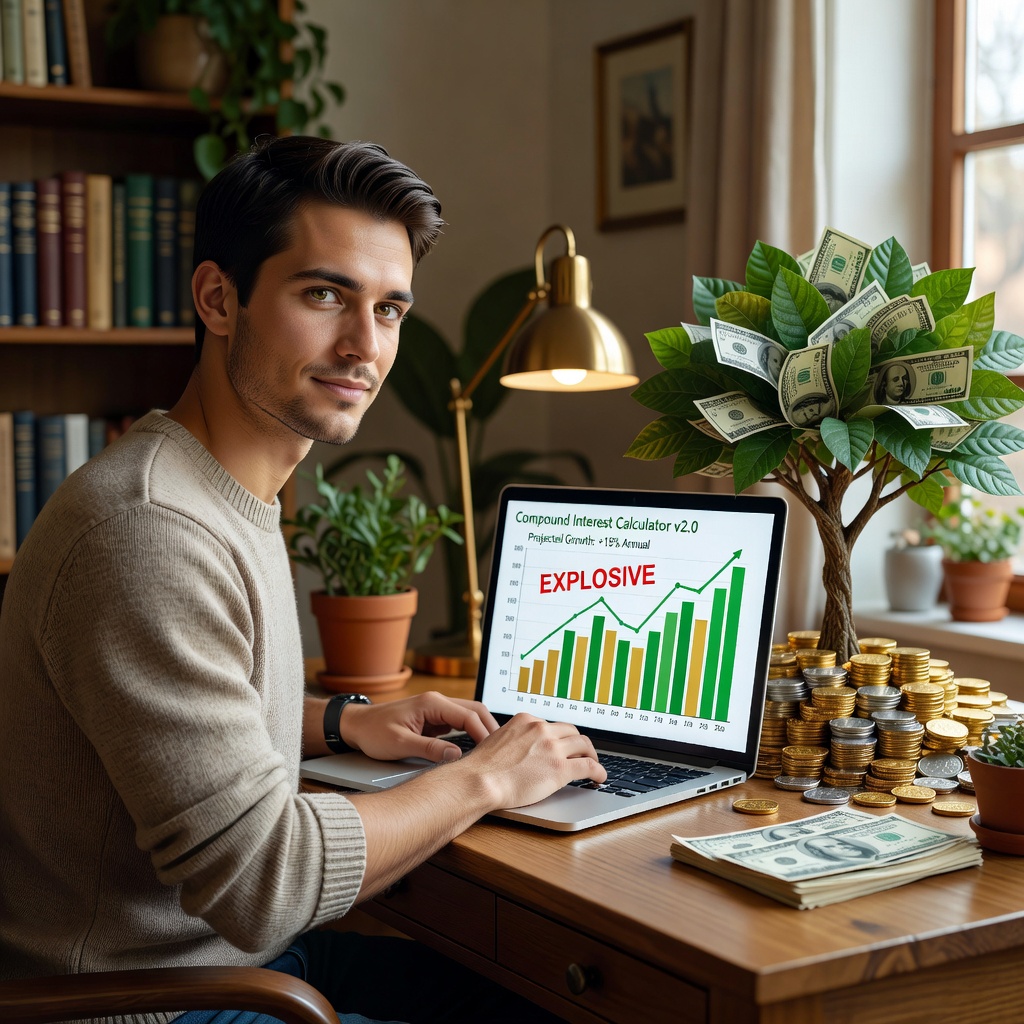 Young White millennial charting compound interest growth on laptop, money tree sprouting