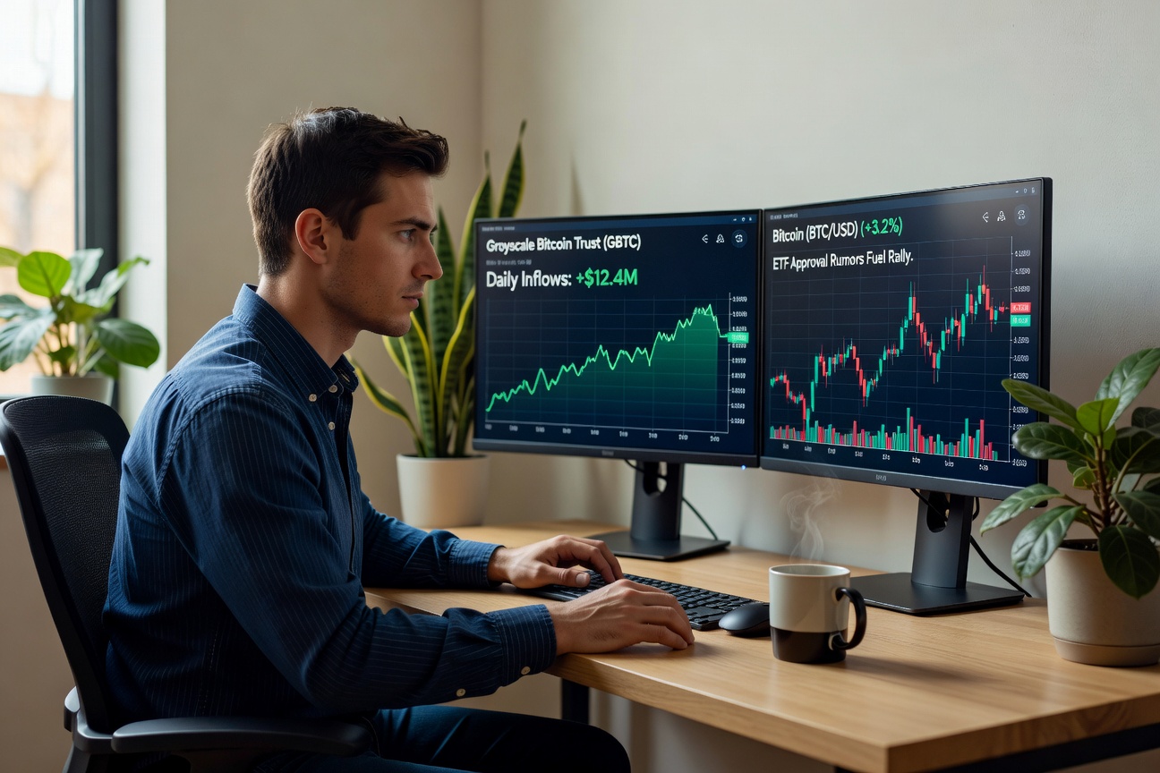 Young White man analyzing Bitcoin ETF charts on dual monitors in a minimalist setup