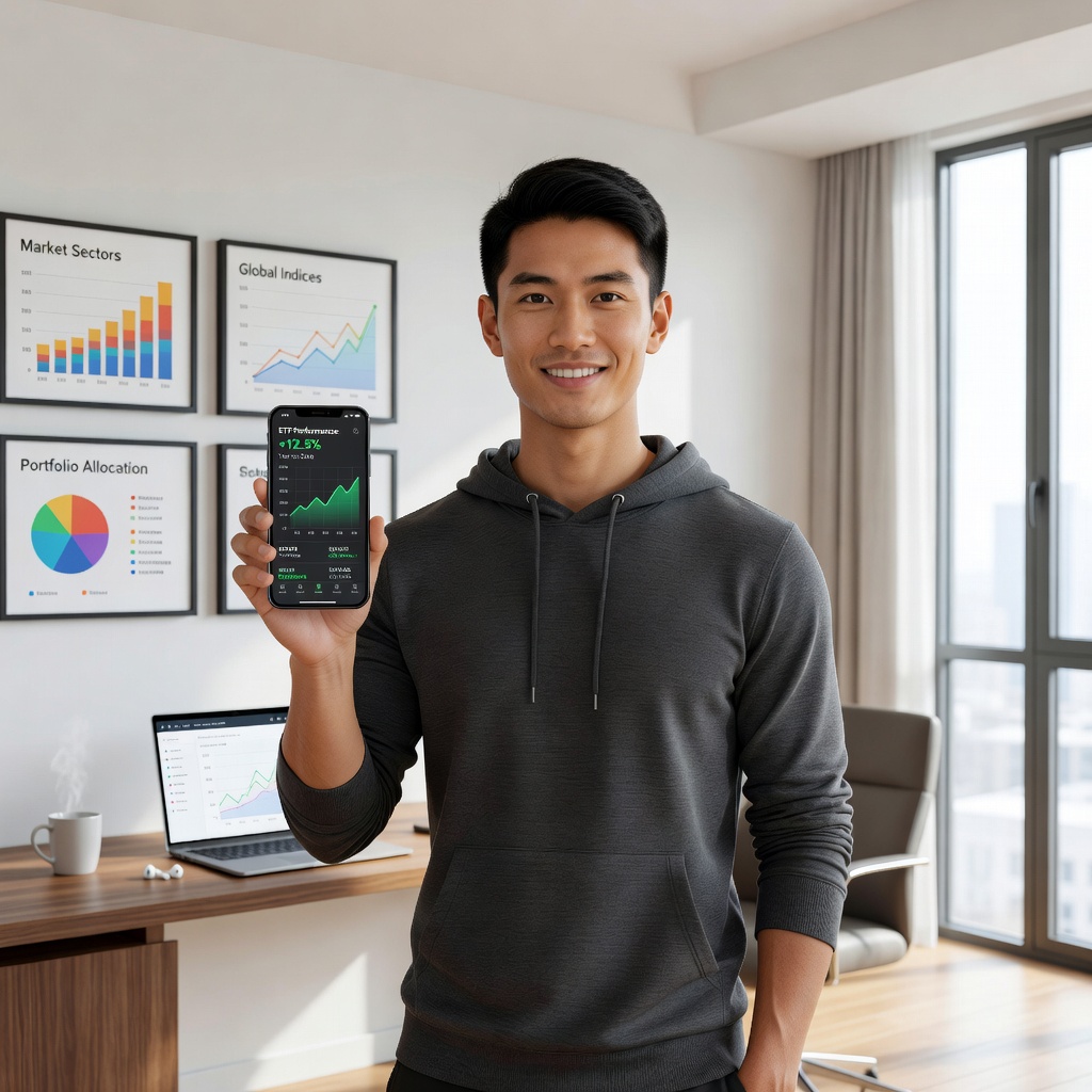 Asian investor in his 20s smiling at smartphone showing ETF portfolio gains