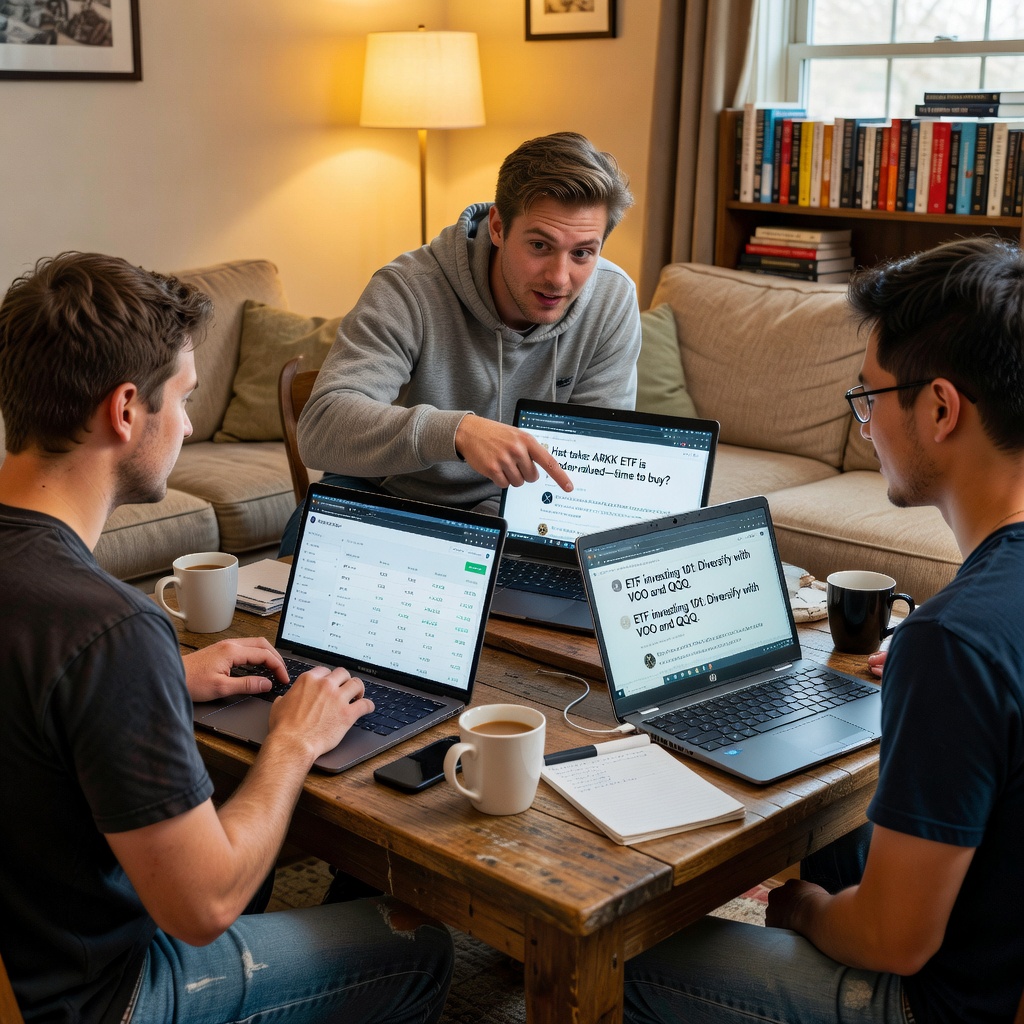 Group of young White and Asian men discussing investment strategies around a table with laptops