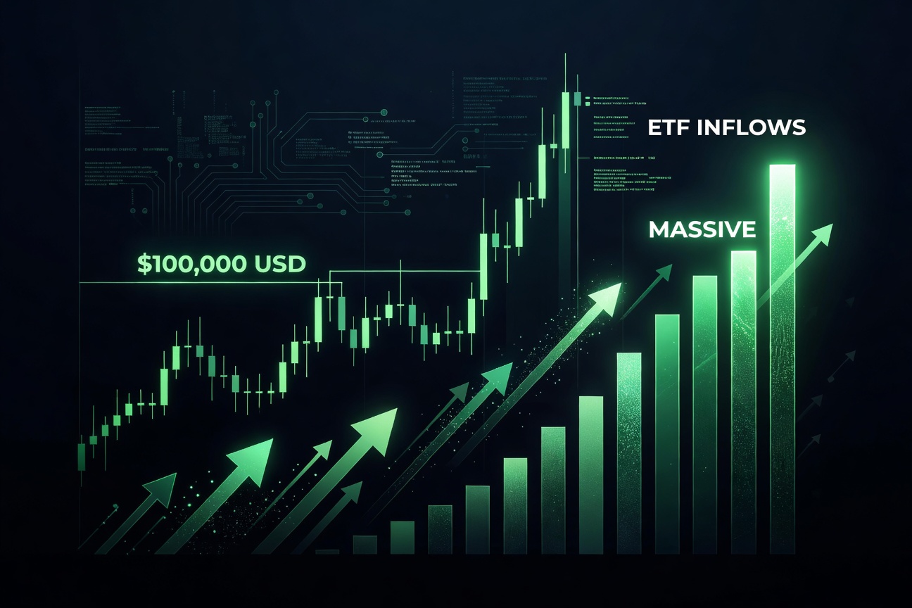 Bitcoin price chart surging past $100k with ETF inflow bars skyrocketing in green