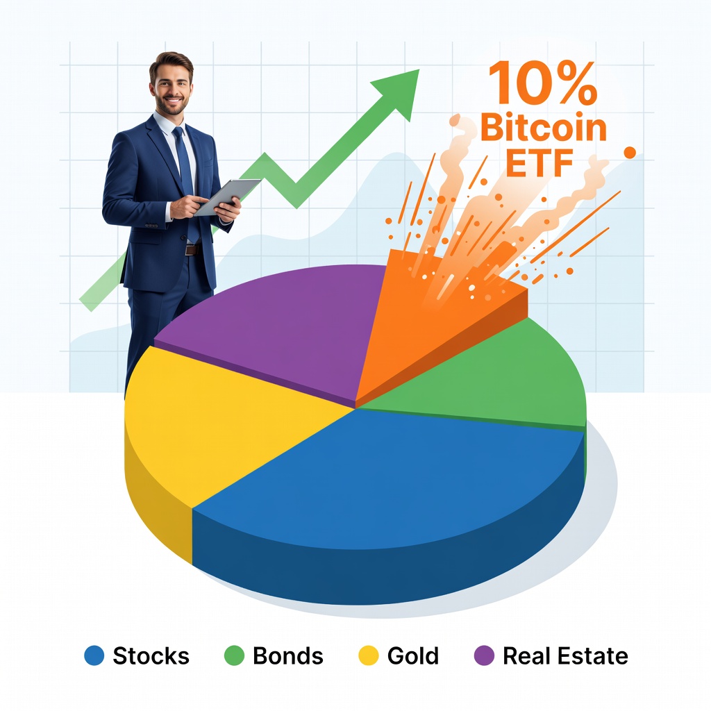 Diversified investment portfolio pie chart with Bitcoin ETF slice alongside stocks, bonds, and gold for a White investor