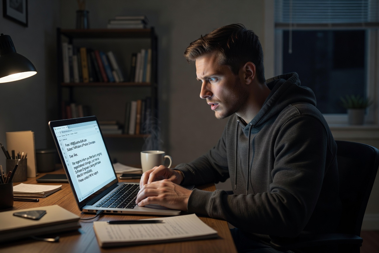 Young White man in his mid-20s staring at layoff email on laptop in a dimly lit home office, expression of shock and determination, realistic style
