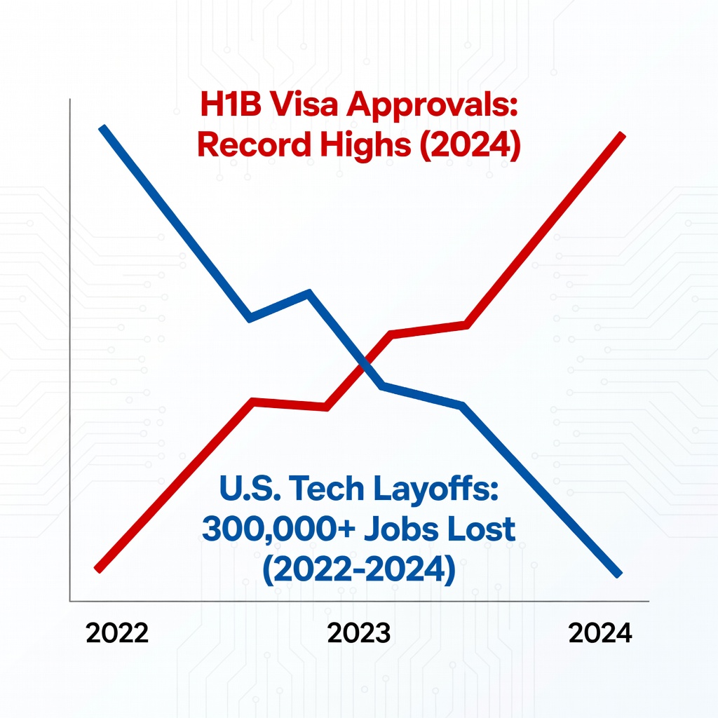 Infographic-style chart showing rising H1B approvals overlayed with tech layoff numbers from 2022-2024, bold red and blue lines diverging, clean modern design