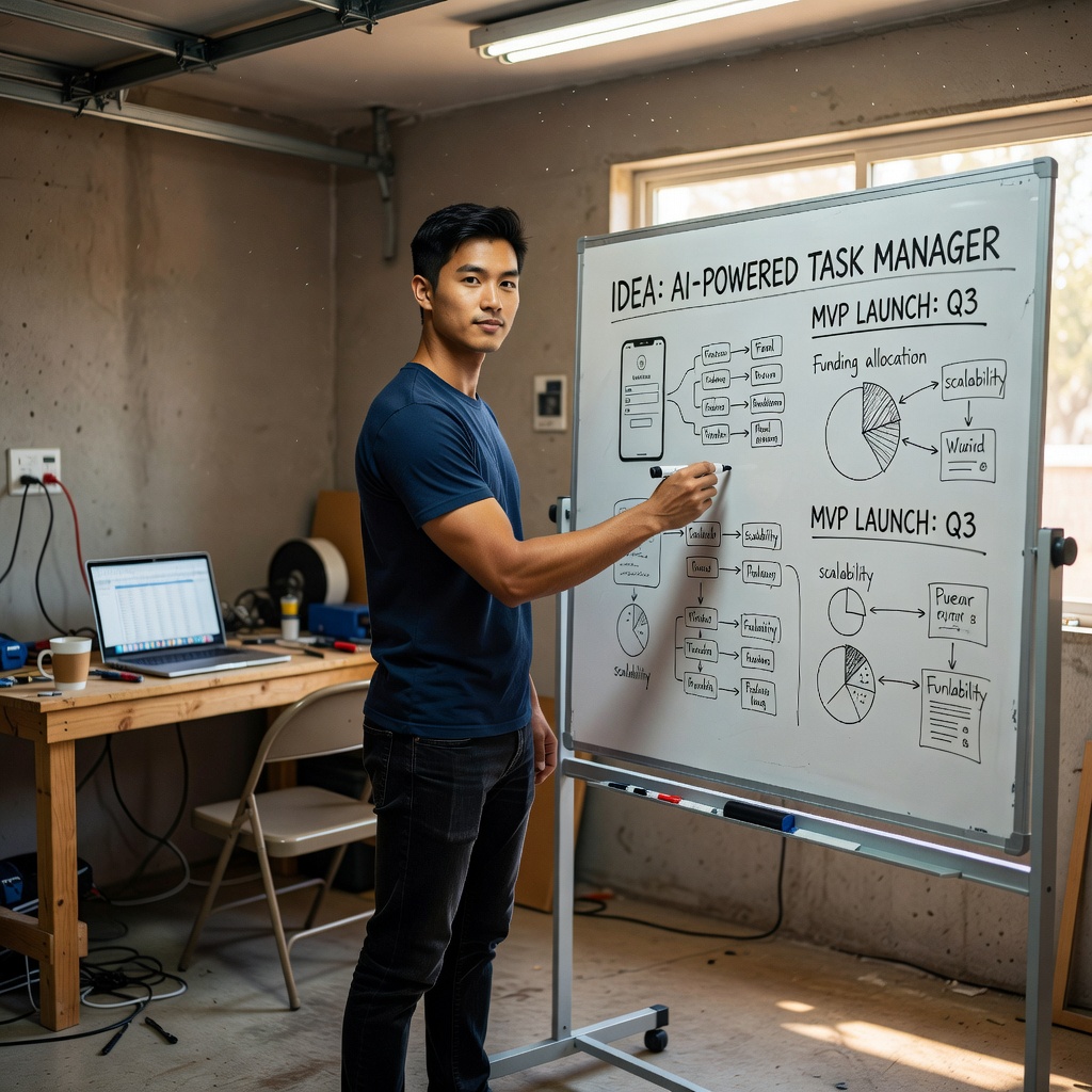 Young Asian man in casual attire brainstorming business ideas on a whiteboard in a garage startup space, confident smile, vibrant lighting