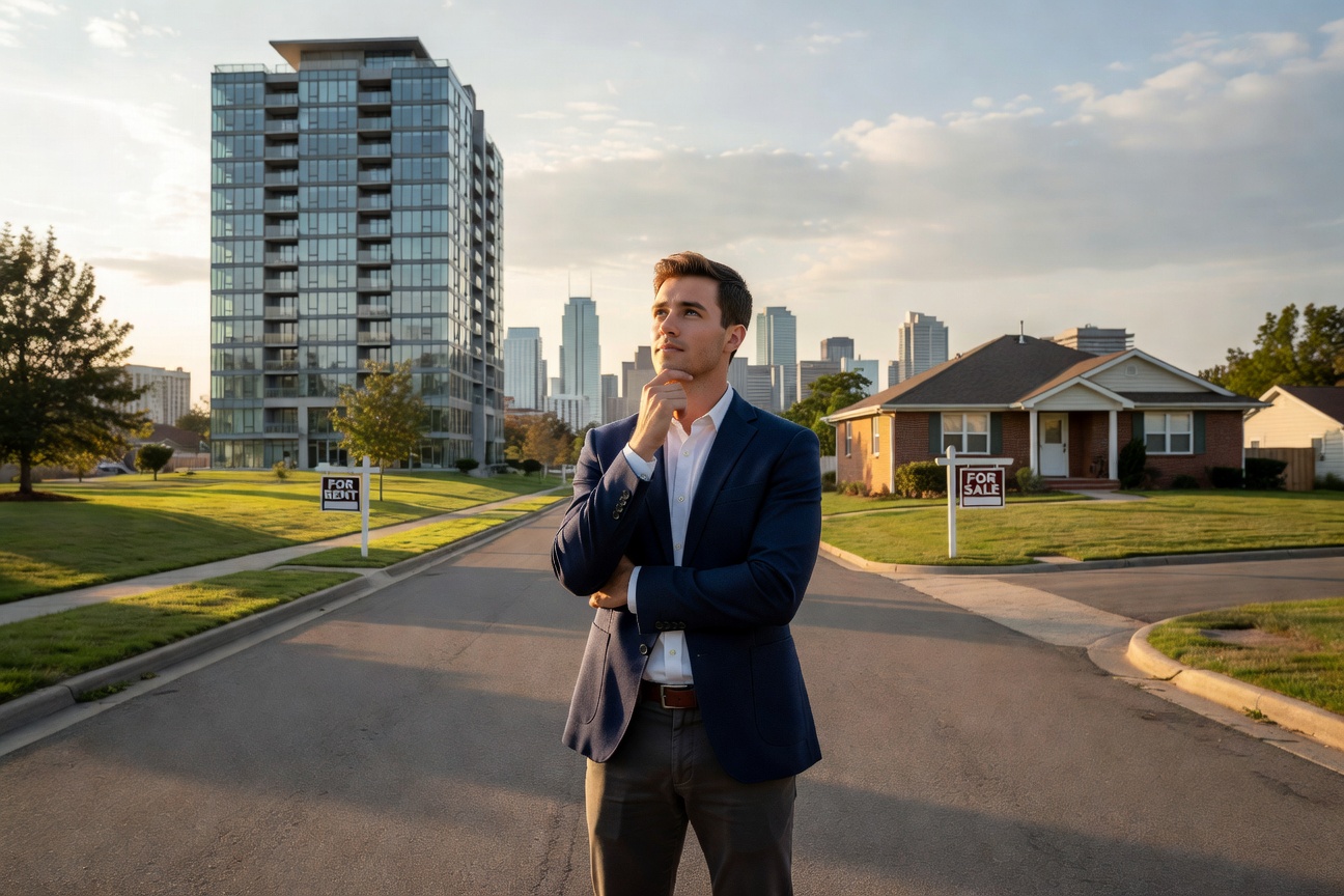 A young White man in his mid-20s standing at a crossroads between a sleek urban apartment and a starter home, calculator in hand, city skyline behind, realistic photo style