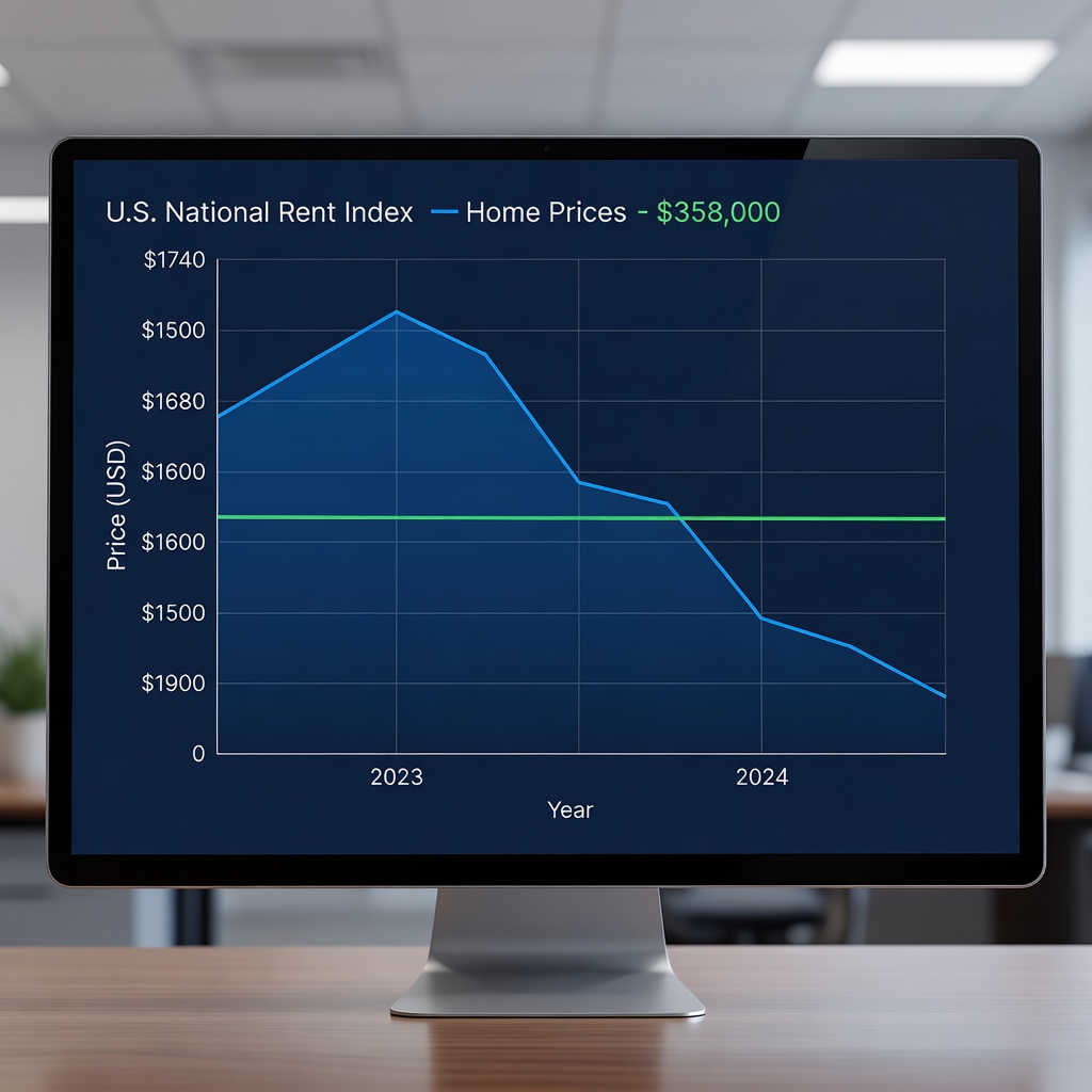 Line graph showing U.S. rent prices declining from 2023 peak to 2024 lows, overlaid with rising home prices, clean data visualization style