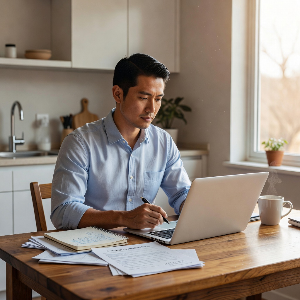 Young Asian entrepreneur in 30s reviewing mortgage paperwork at kitchen table, laptop open to investment charts, modern home office, motivational realistic photo