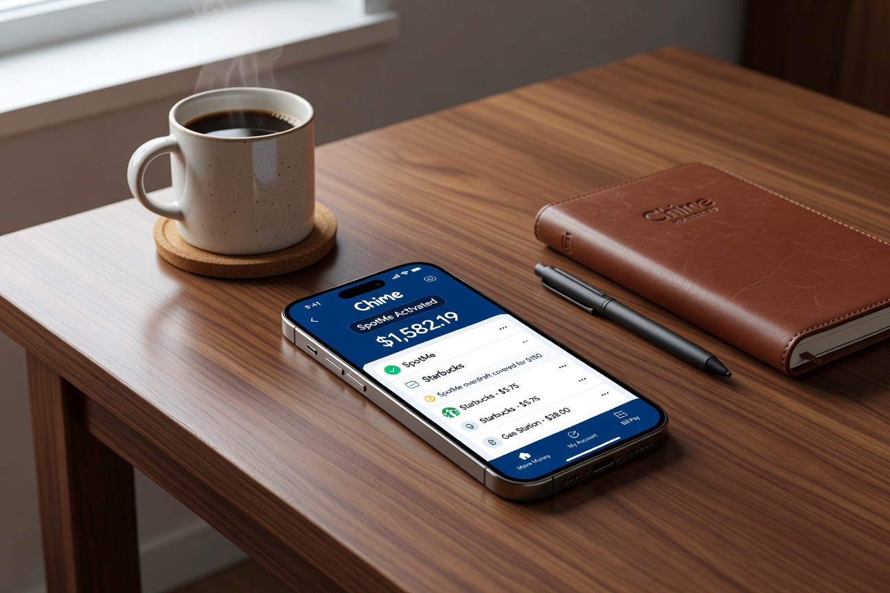 Chime app interface on smartphone showing SpotMe overdraft protection active