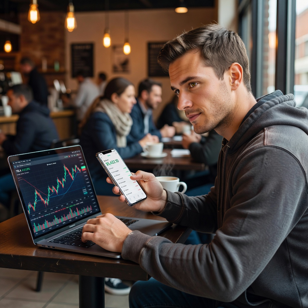 Young white male entrepreneur using Chime app on phone while working on laptop in coffee shop
