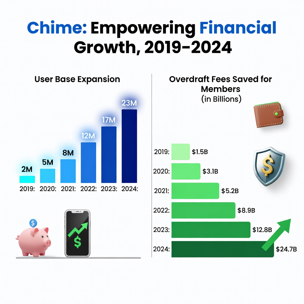Graph showing Chime user growth and fee savings statistics
