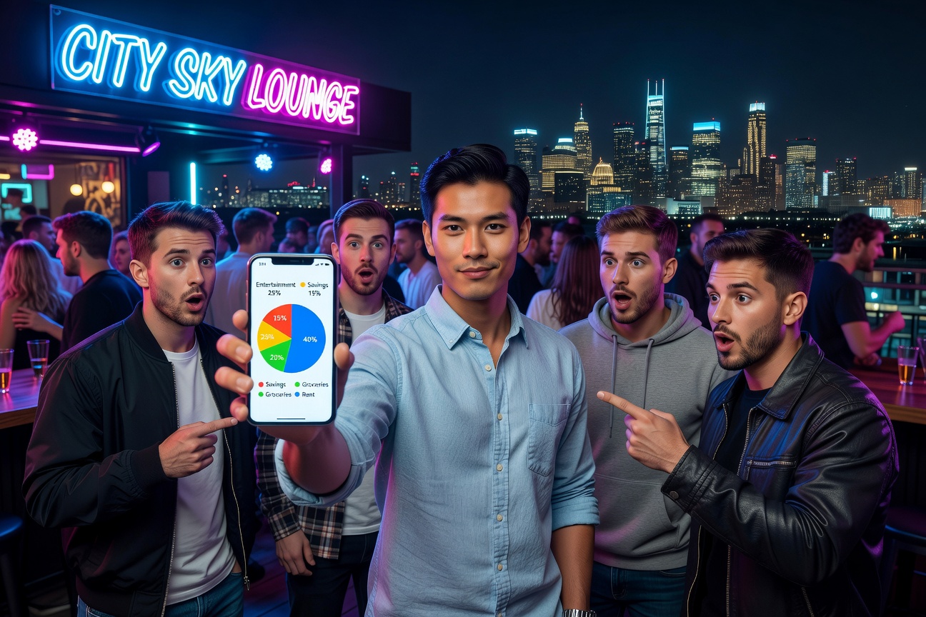 Dynamic TikTok screenshot of young Asian man announcing his loud budget at a social gathering