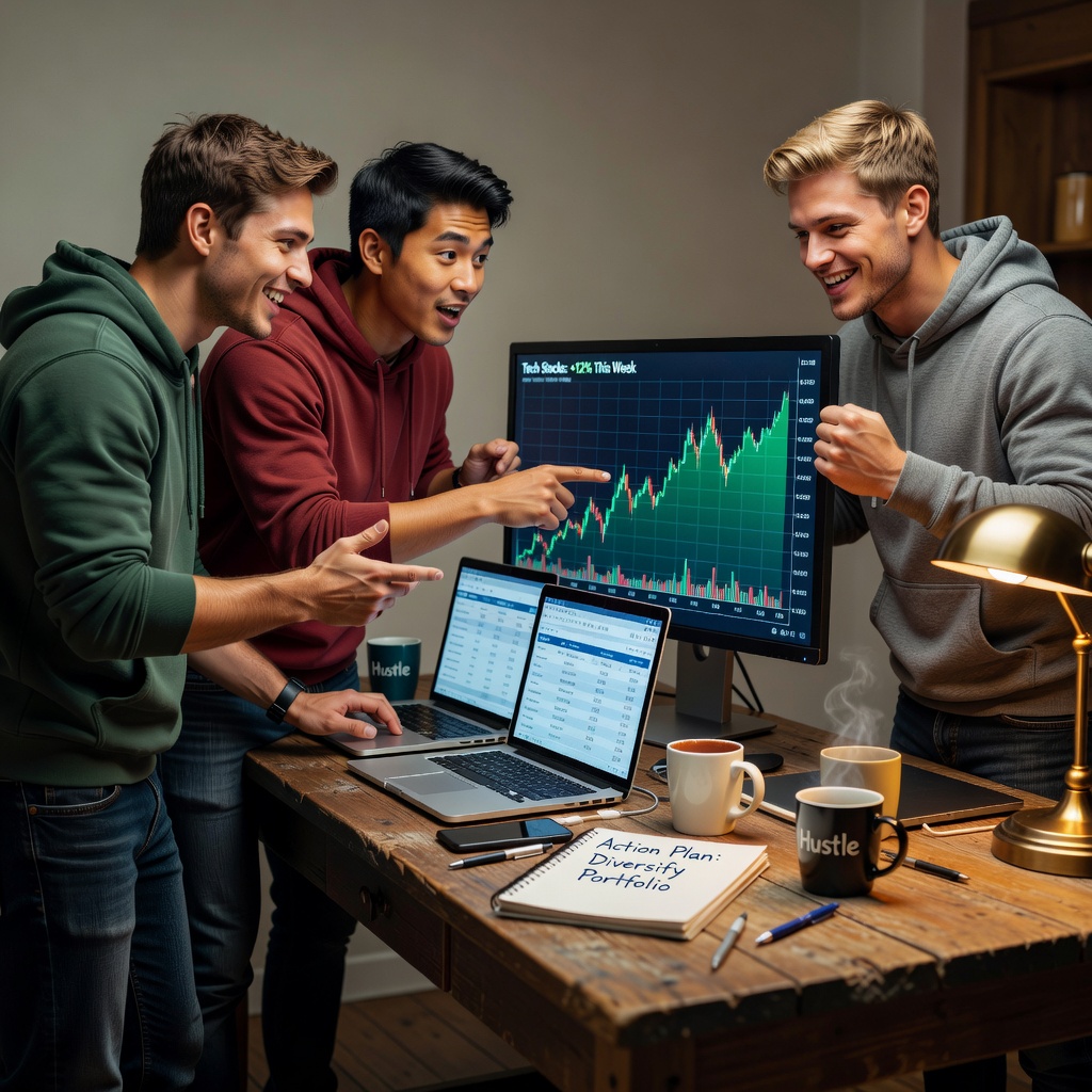 Group of young White and Asian men reviewing budgets and investment charts on laptops