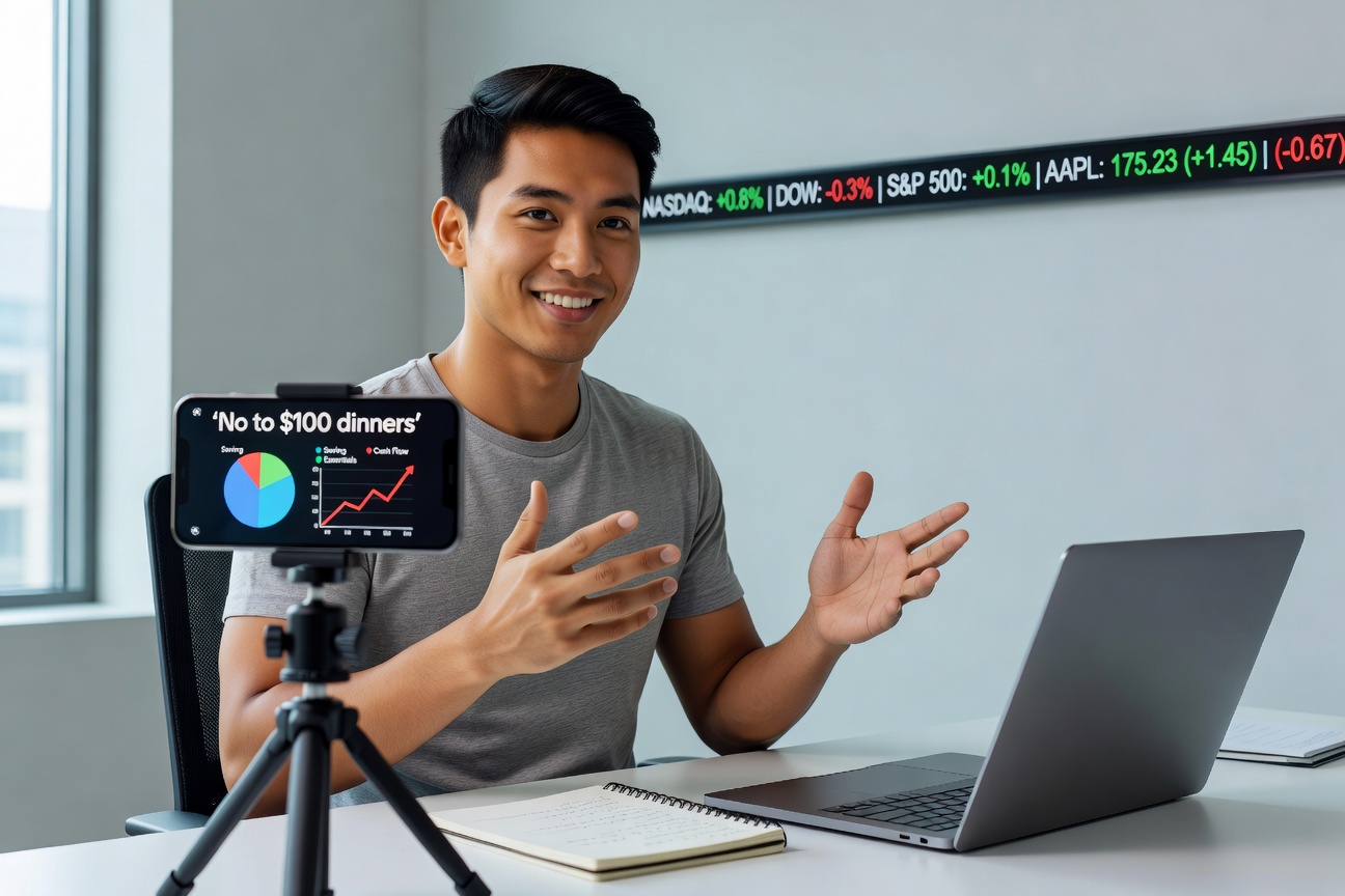 Young Asian man on phone sharing loud budget TikTok video with money icons overlay