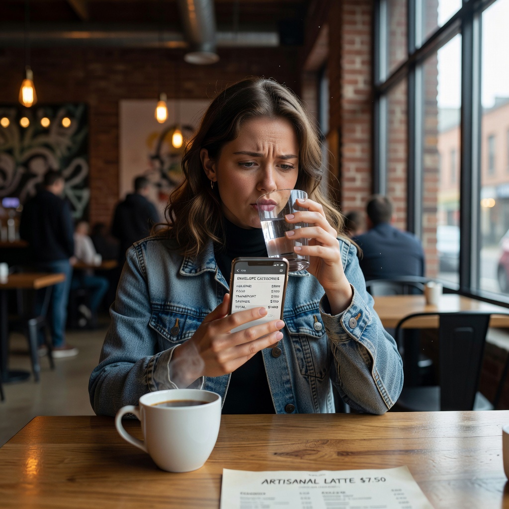 White Gen Z woman in cafe declining expensive coffee menu, holding phone with budget app