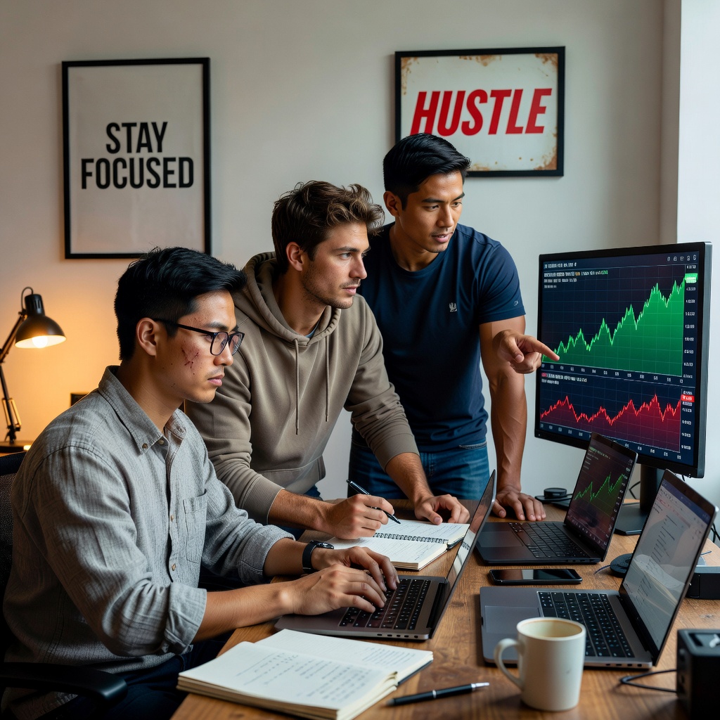Group of young White and Asian men reviewing stock charts on laptops in minimalist home office