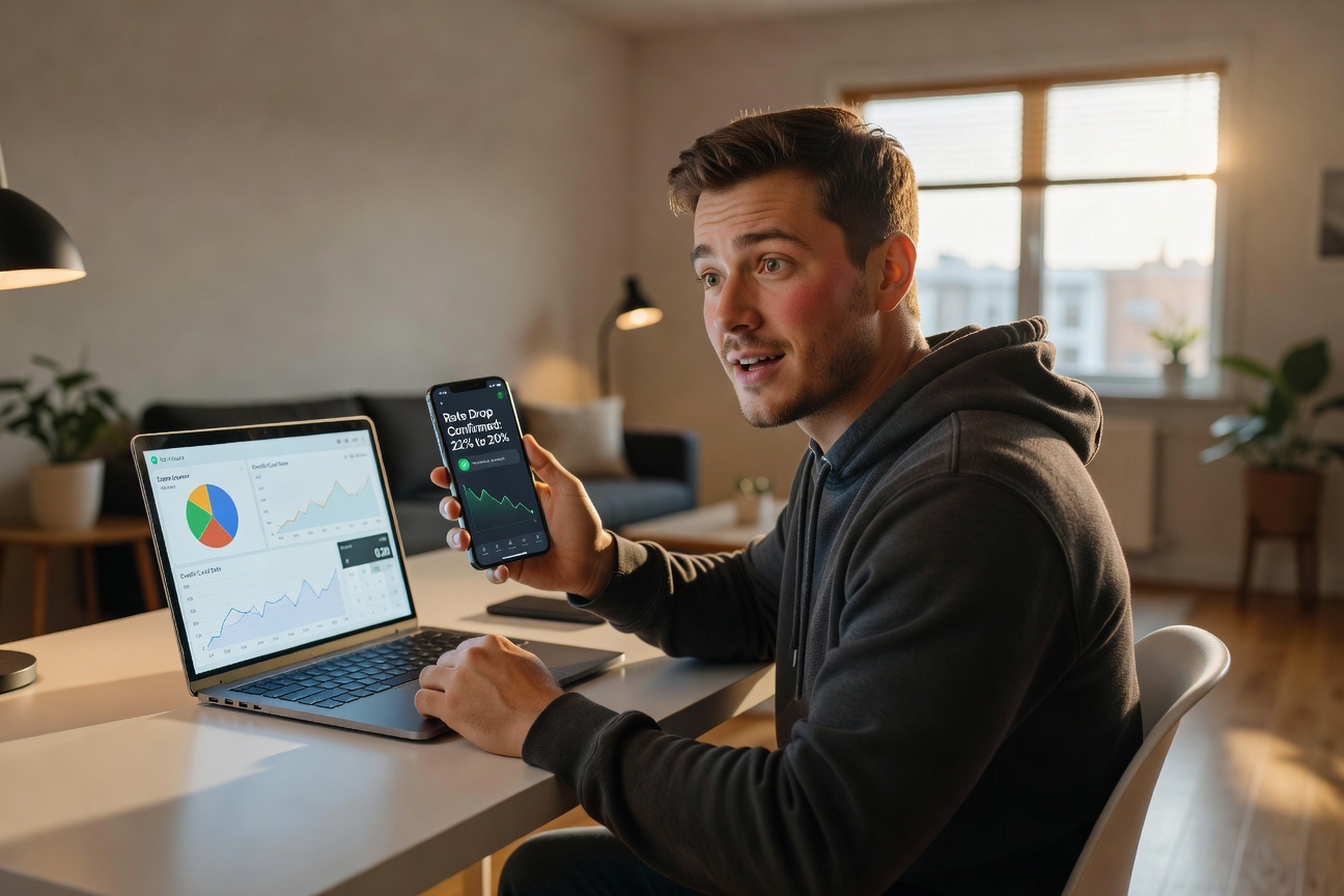 Young White man in his mid-20s staring at smartphone screen showing dropping interest rates on credit card app, relieved expression in modern minimalist apartment with financial charts on laptop background