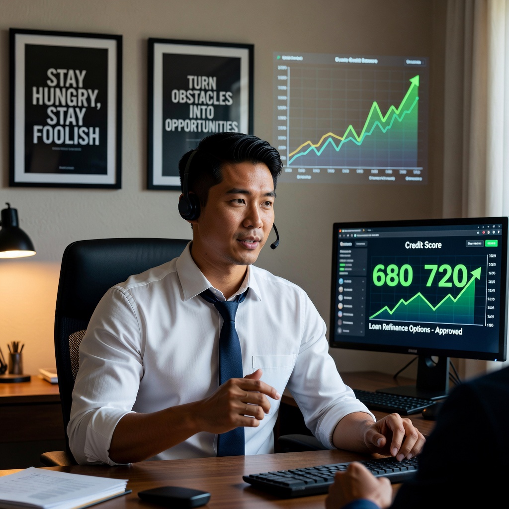 Asian entrepreneur in 30s negotiating on phone with bank rep, credit score graph rising on computer screen, home office setup with stock charts