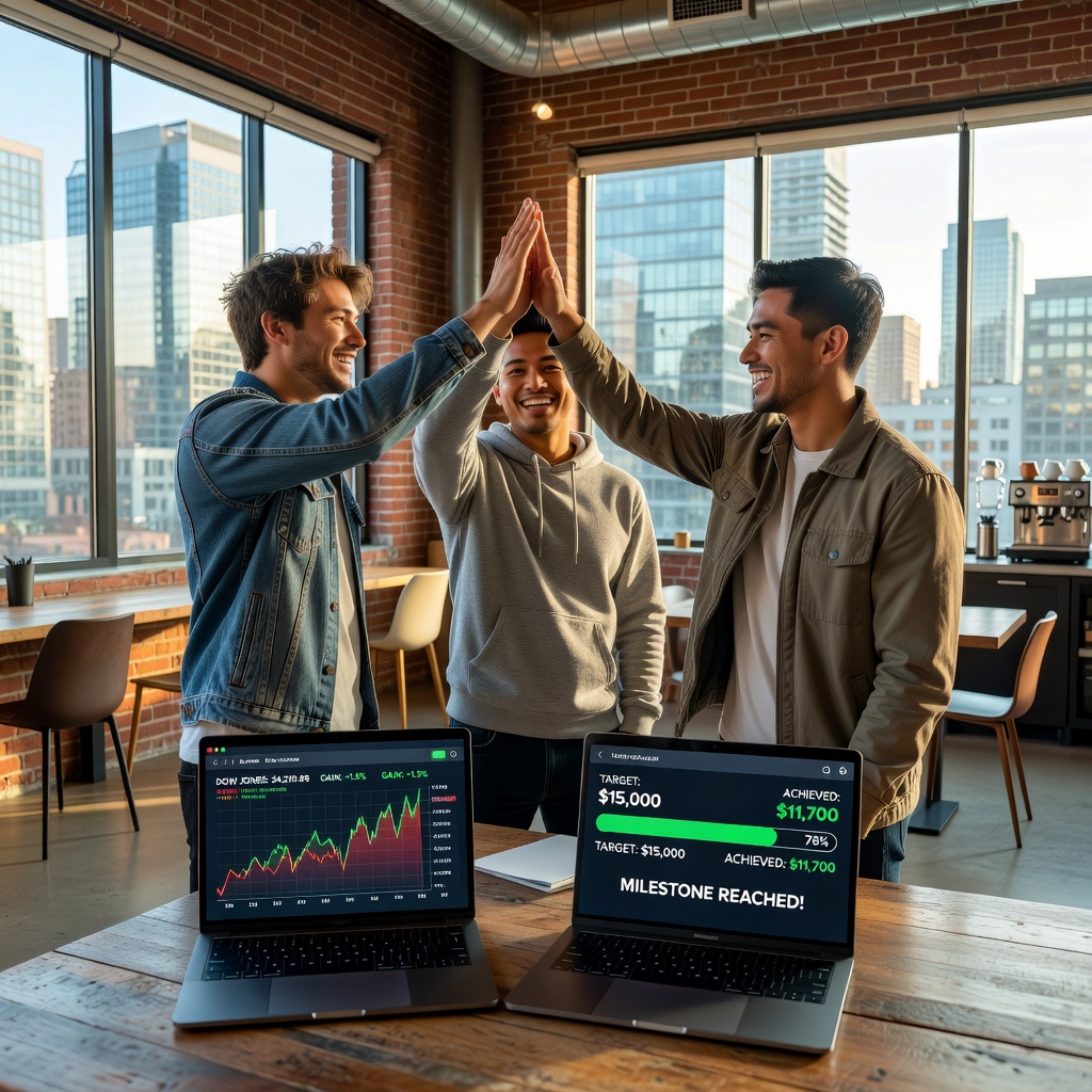 Group of young Asian and White men in casual attire high-fiving over laptops displaying investment portfolios and debt payoff trackers in trendy co-working space