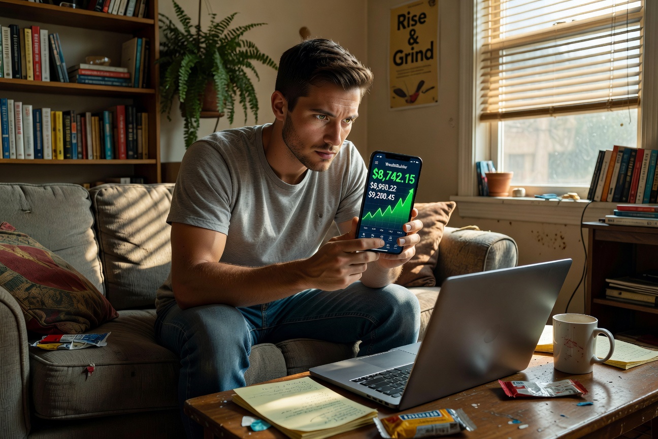 Young White man in casual attire triumphantly viewing surging savings on phone app amid urban apartment chaos