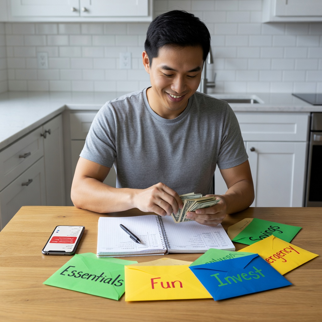 Asian young adult male stuffing cash envelopes at kitchen table, organized jars labeled rent groceries fun, vibrant home setting